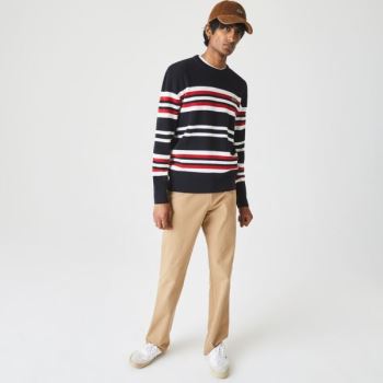 Lacoste Made in France Striped Organic Cotton Crew Neck Sweater - Svetr Pánské Tmavě Blankyt Blankyt